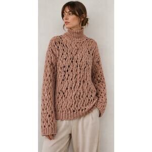 Attic & Barn Tudaio Turtleneck Chunky Cable Knit Wool Blend Neutral Pullover M